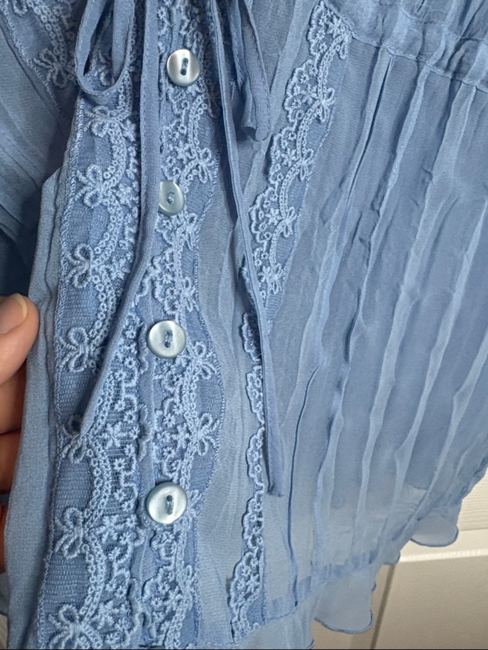 Notations Light Blue Lace-Trim Tie-Front Blouse - Picture 8 of 8